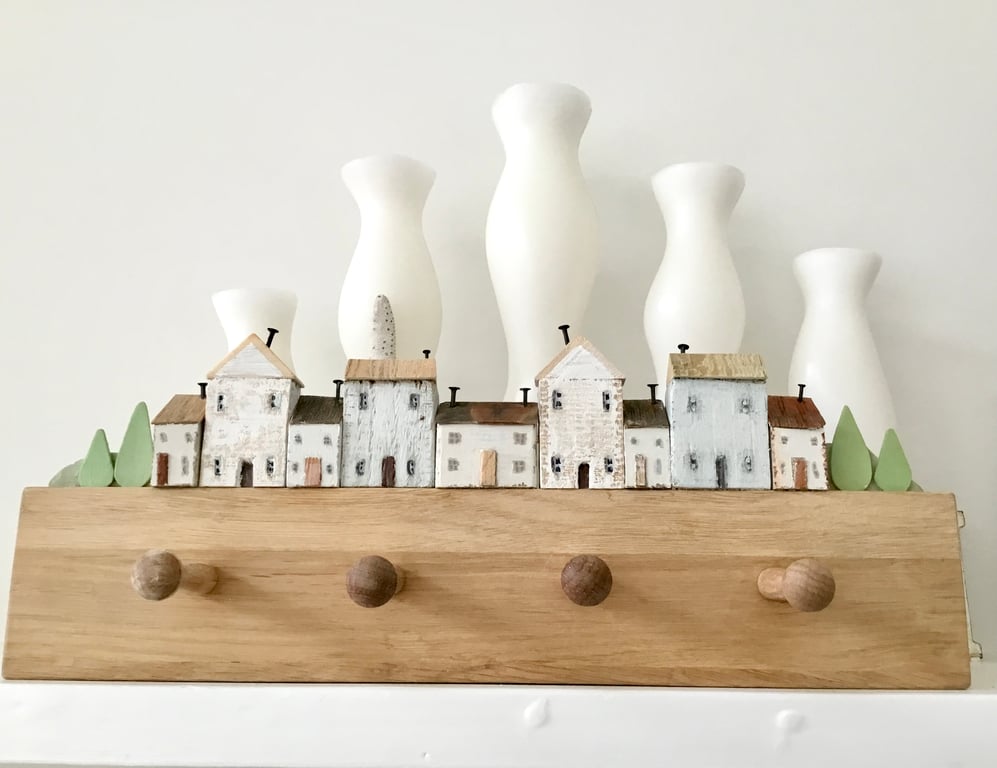 Shaker style 4 Peg Rail with rustic wooden village scene