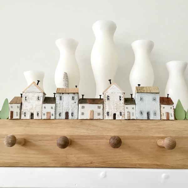 Shaker style 4 Peg Rail with rustic wooden village scene