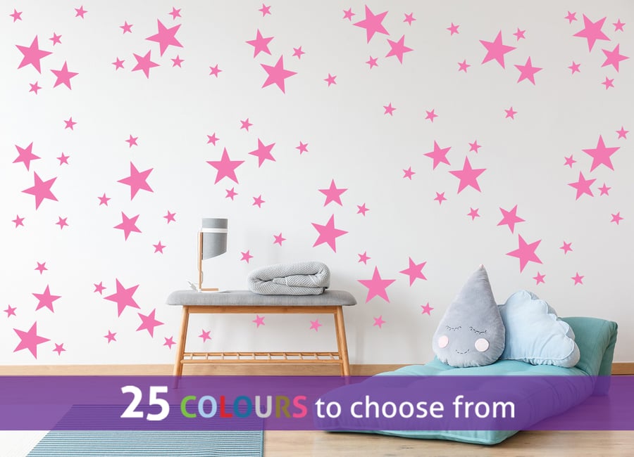 96 mixed size STARS, BUBBLEGUM PINK colour star shapes wall art stickers decals
