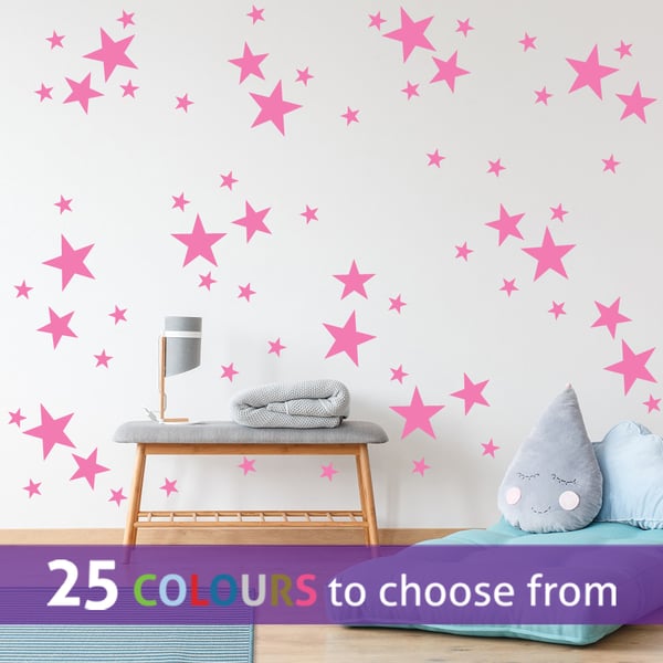 96 mixed size STARS, BUBBLEGUM PINK colour star shapes wall art stickers decals