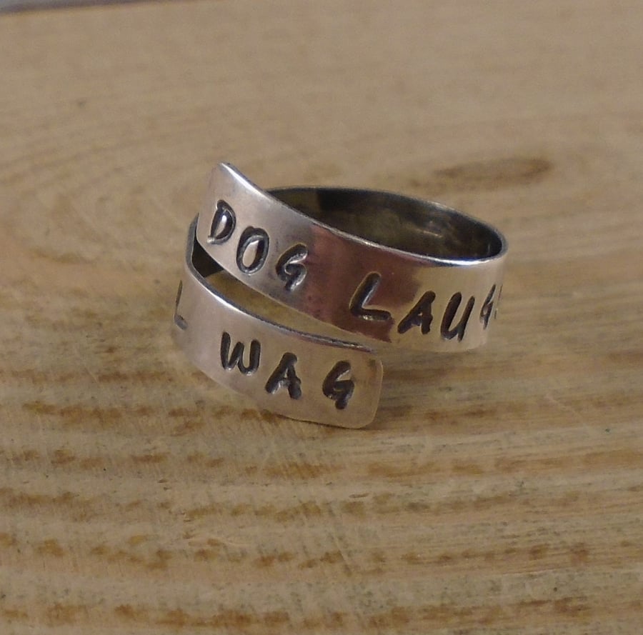 Sterling Silver Stamped 'Dog Laugh - Tail Wag' Adjustable Ring