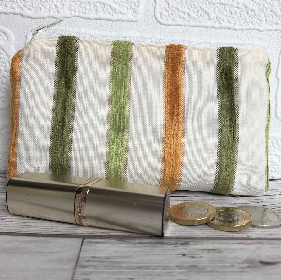 Large purse, coin purse in pale cream with green and yellow textured stripes