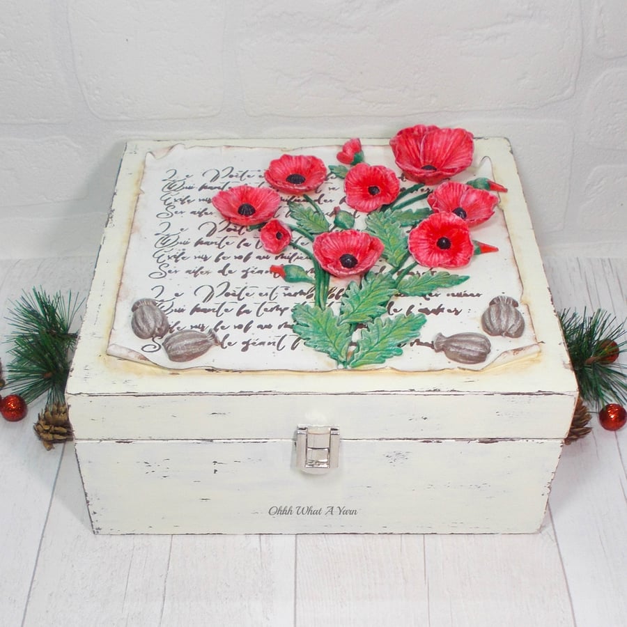 Poppy large square mixed media trinket box. Jewellery box. Memory box. Poppy box