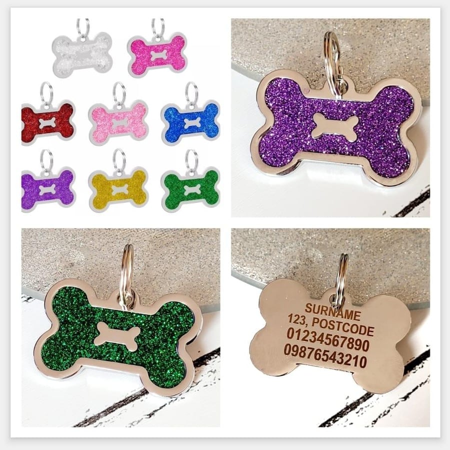 Sparkly 40mm Bone Dog ID Tag. Alloy.