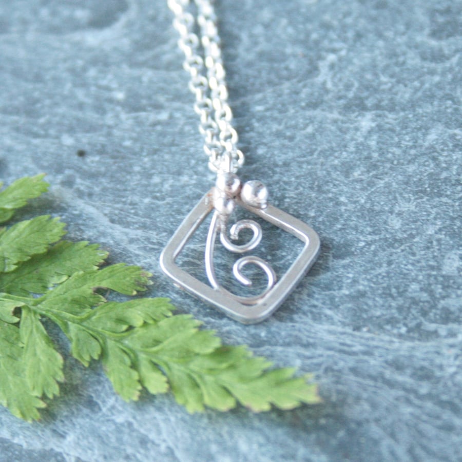 Sterling silver square necklace inspired by ferns, dainty silver necklace