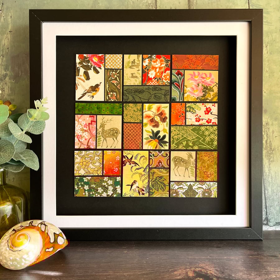 Collage made with decorative papers, boho home decor, quirky art