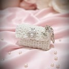 Handmade Mini Crochet Bag – Elegant White Purse with Pearls and Rhinestone Brooc