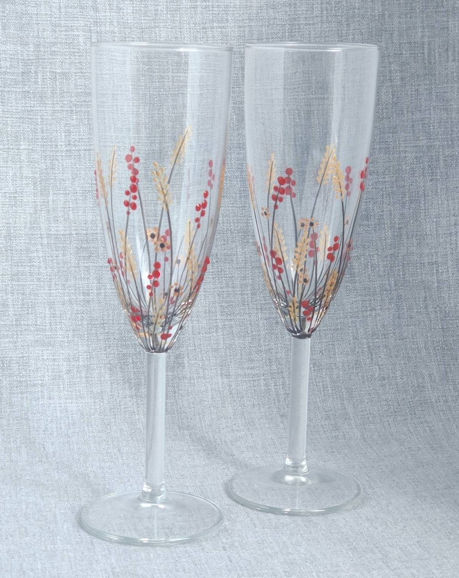 Pair of Hand-painted 'Autumn Meadow' champagne prosecco Glass