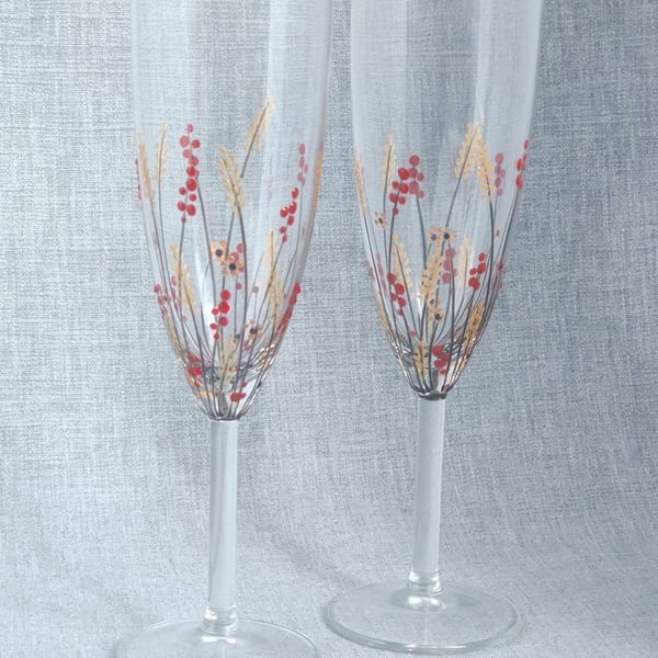 Pair of Hand-painted 'Autumn Meadow' champagne prosecco Glass