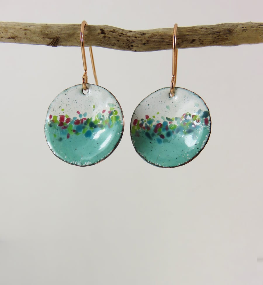 Copper Textured Dangle Earrings in Jade and White with Colourful Glass Sprinkles