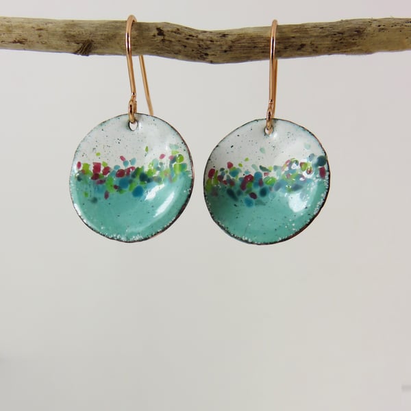 Copper Textured Dangle Earrings in Jade and White with Colourful Glass Sprinkles