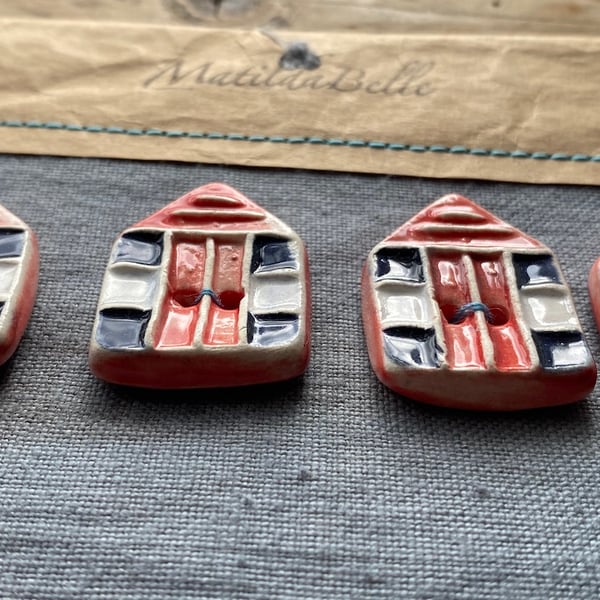 Beach Hut Buttons Handmade ceramic set of 4 seaside Buttons