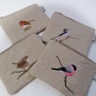 Garden Birds Linen Embroidered Makeup Bags - 4 Options