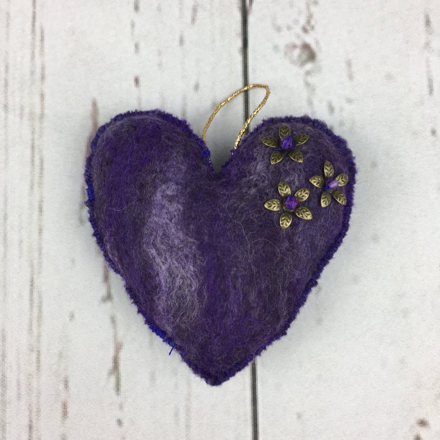 Padded wet felted, lavender scented heart in purple 