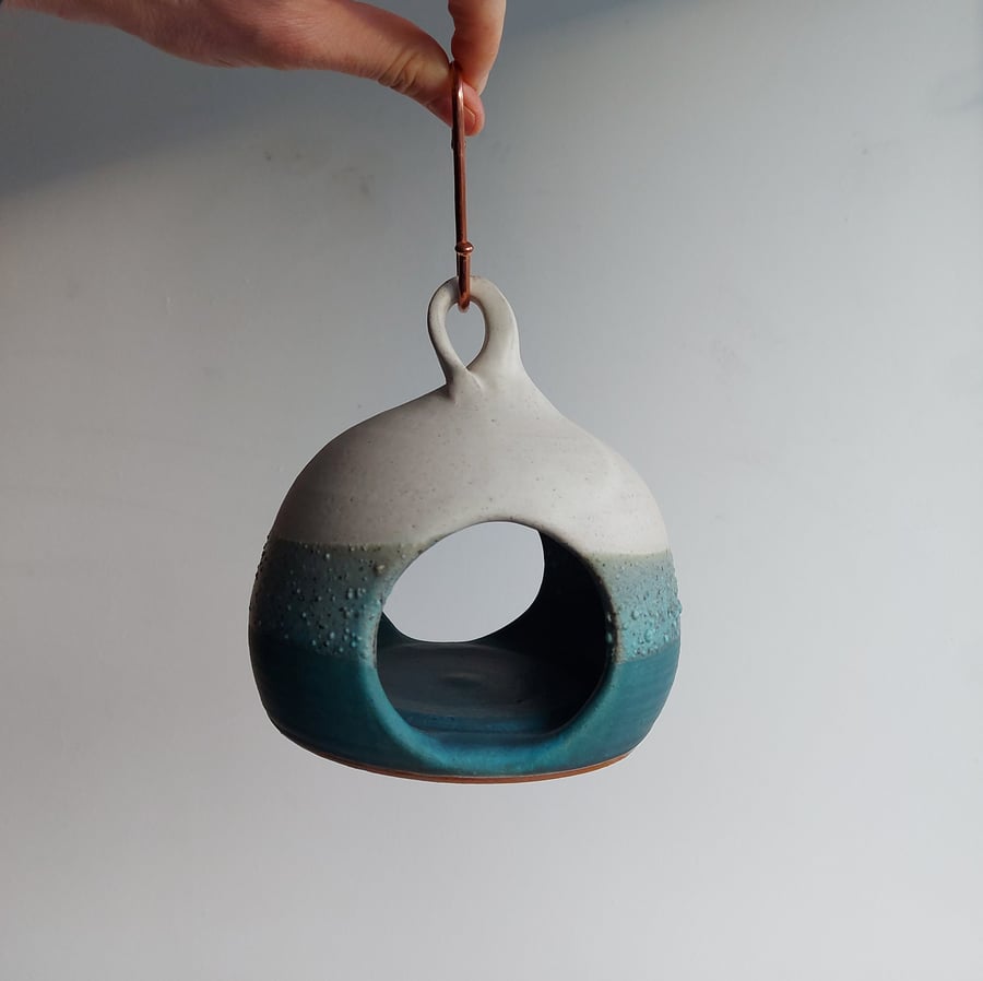 Unique handmade thrown stoneware pottery bird feeder turquoise green, cream