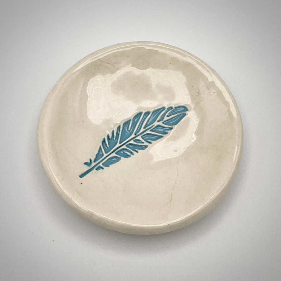 New! Ceramic aqua-blue feather trinket dish