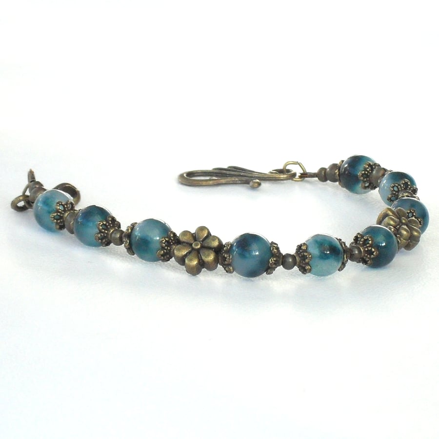 Teal green jade and bronze handmade bracelet