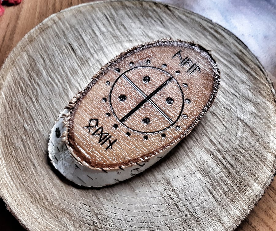 Viking Rune Inscription "Hail Odin" Altar Silver Birch Wood Sign With Bark