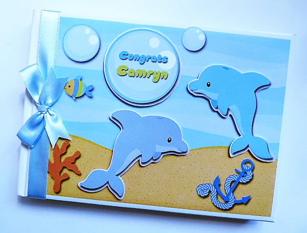 Dolphins boy birthday guest book, Ocean creatures, fish, under the sea, gift