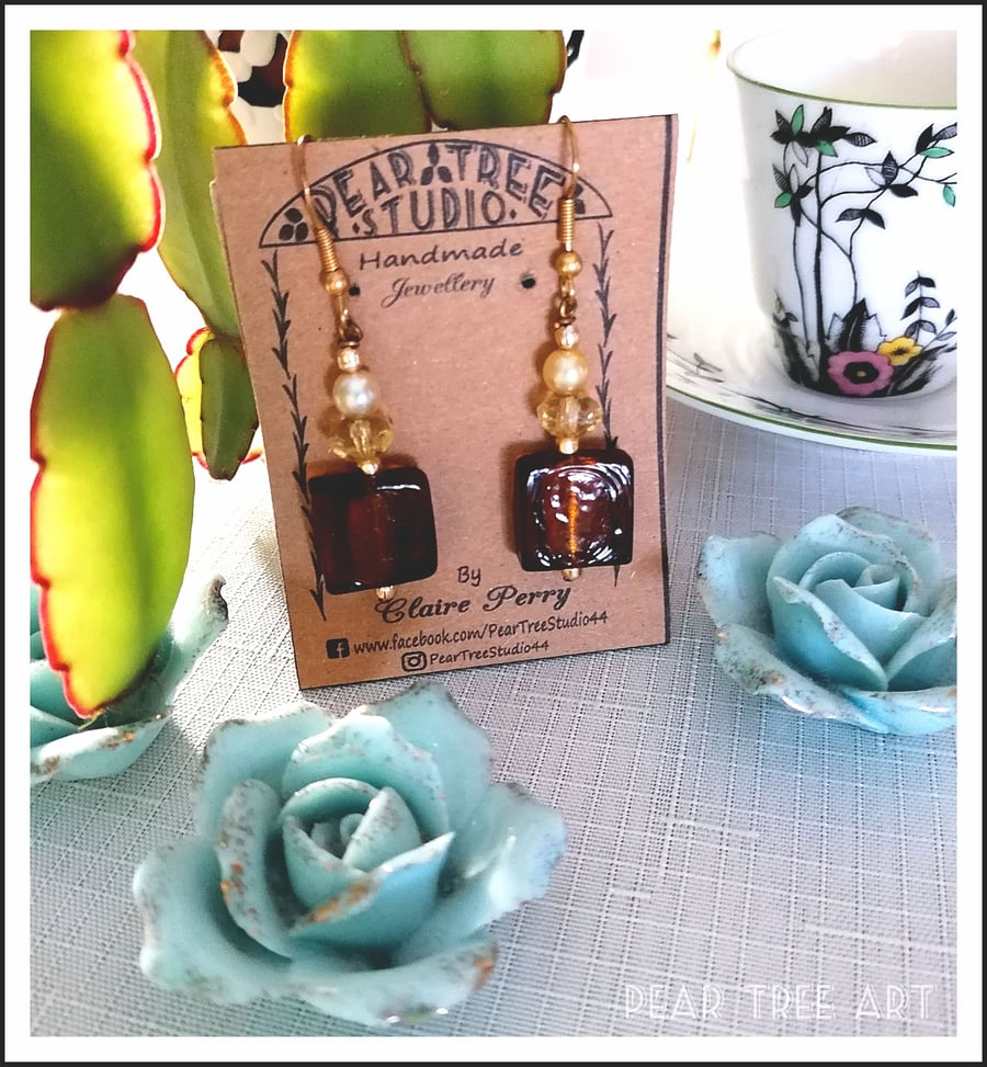 Elegant brown square glass beads earrings with pearls and amber coloured beads