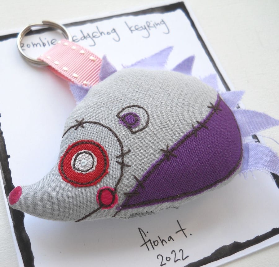 freehand embroidered zombie hedgehog keyring bag charm purple