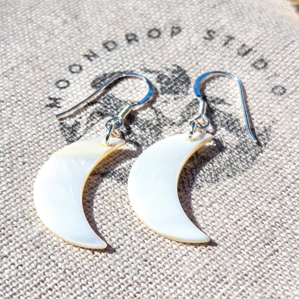 Mother of Pearl Moon Earrings - Recycled Sterling Silver, June Birthstone