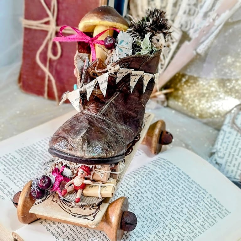 Handmade two little hedgehogs in an edwarian boot soft textile art