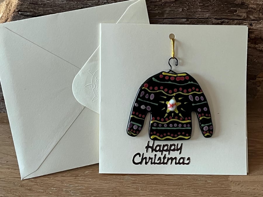 Handmade Detachable Keepsake, Fused Glass Festive Jumper Christmas Card