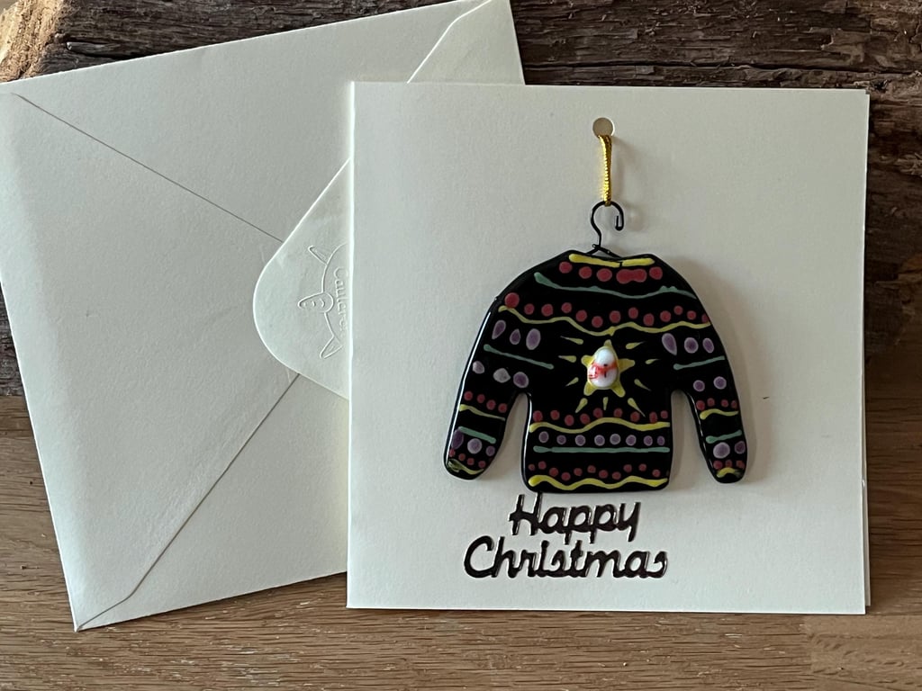 Handmade Detachable Keepsake, Fused Glass Festive Jumper Christmas Card
