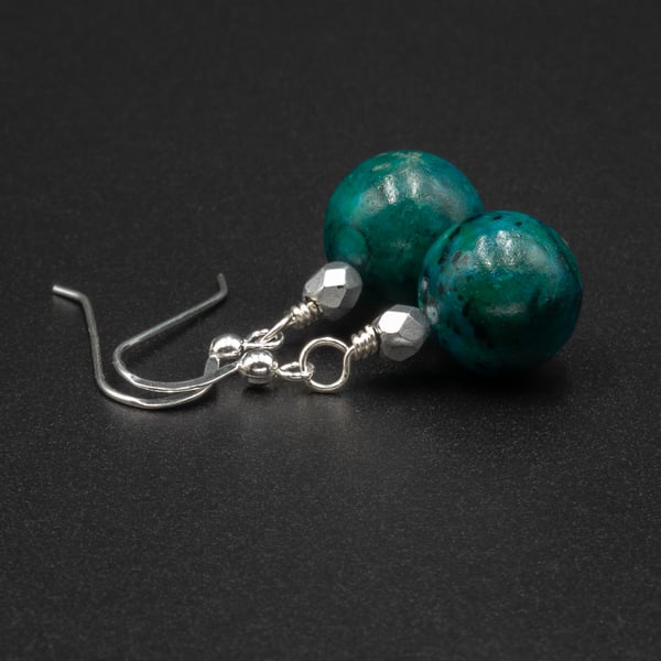 Chrysocolla and silver gemstone handmade drop earrings