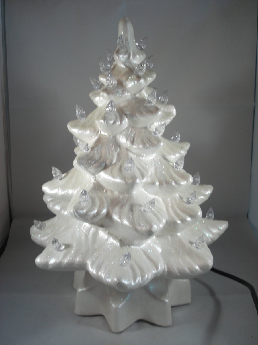 Ceramic White Glittery Xmas Christmas Tree Table Lamp Light Ornament Decoration.