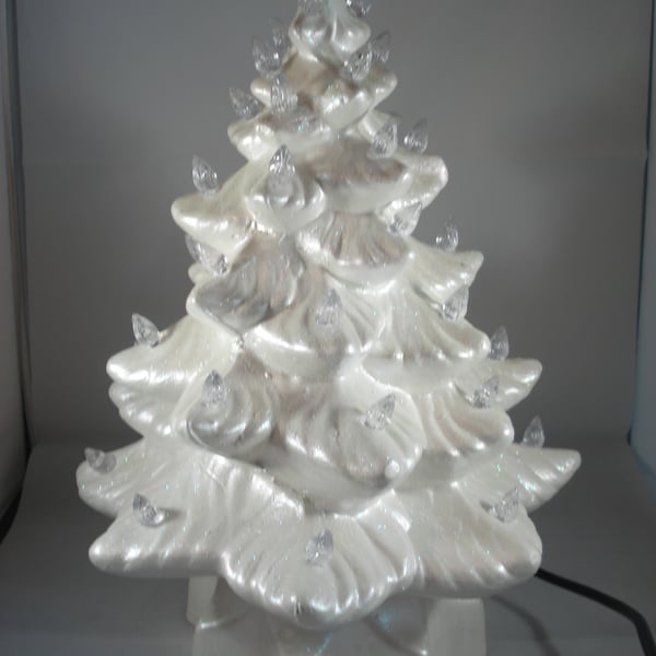 Ceramic White Glittery Xmas Christmas Tree Table Lamp Light Ornament Decoration.