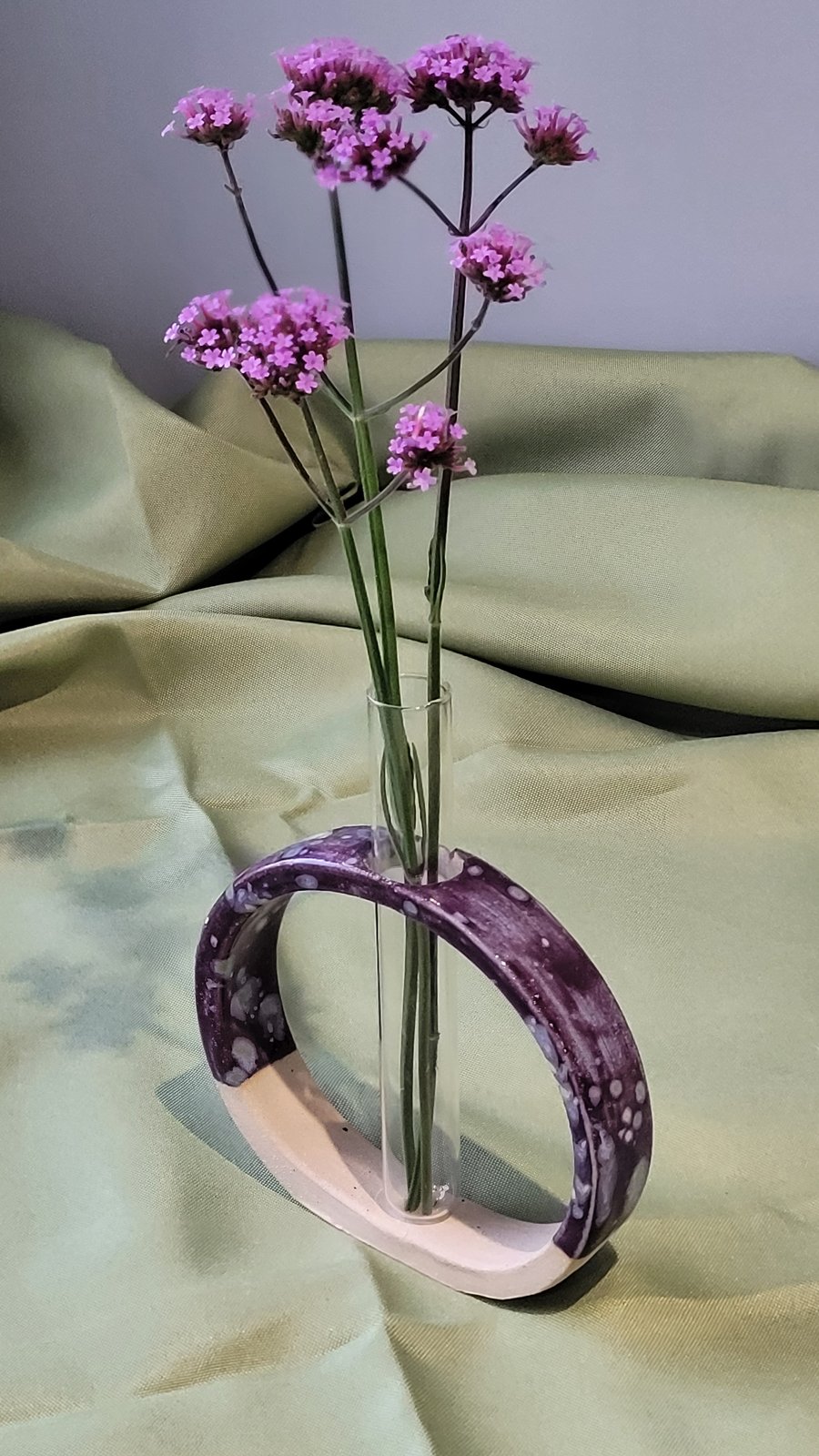 Speckled purple test tube stem vase handmade pottery