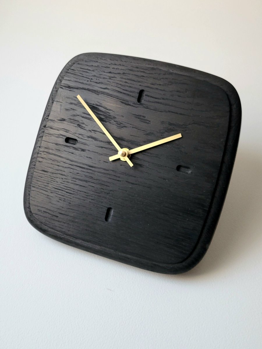 Wall Clock Square - Ebonised Black Oak & Gold Hands Dash Indicators