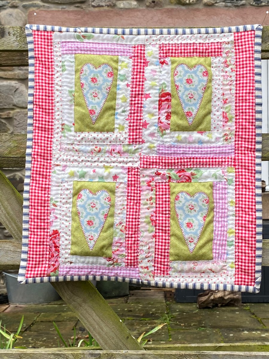 One-Off, Hand Sewn Hearts Log Cabin Miniature Patchwork Quilt, Wall Hanging