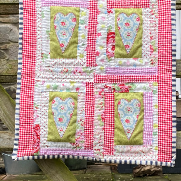 One-Off, Hand Sewn Hearts Log Cabin Miniature Patchwork Quilt, Wall Hanging