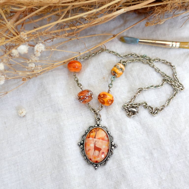 Autumn Pendant Necklace, Orange Necklace, Animal Art Pendant, Deer, Lyre