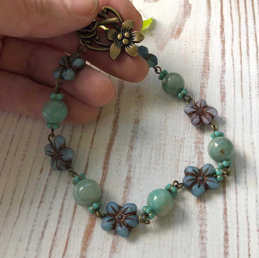 Amazonite Gemstone & Czech Glass Flower Bracelet Blue Green Boho Beaded Bracelet