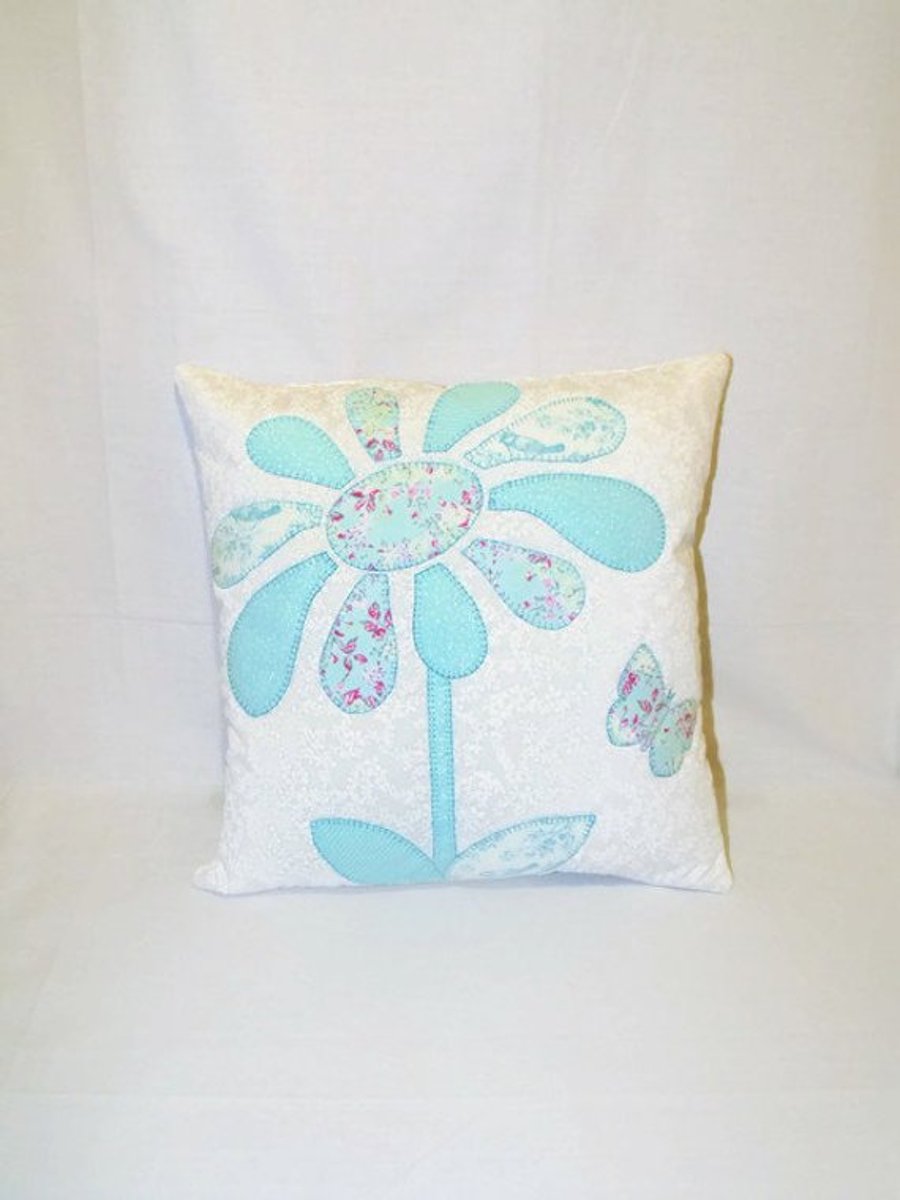 pastel coloured floral cushion cover, applique flower quilted mint pillow slip