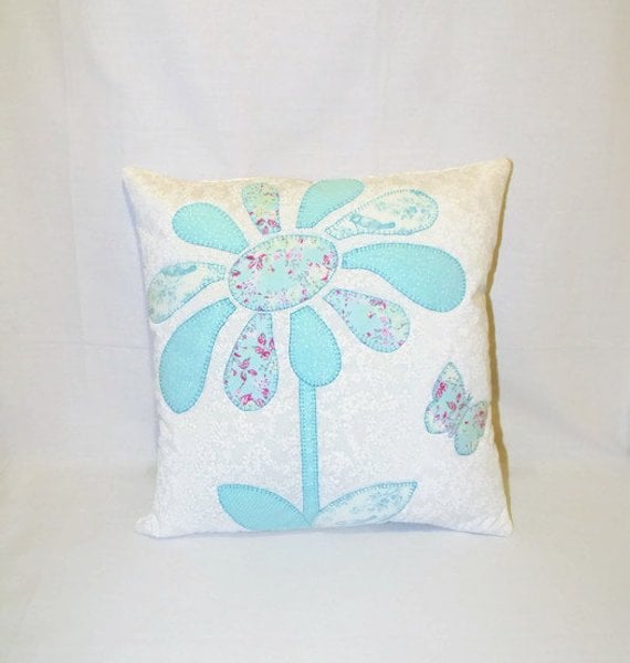 pastel coloured floral cushion cover, applique flower quilted mint pillow slip