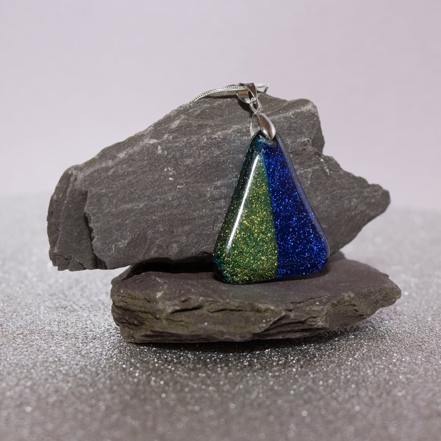 Blue & Green Triangular Pendant Necklace in Fused Glass - 1100