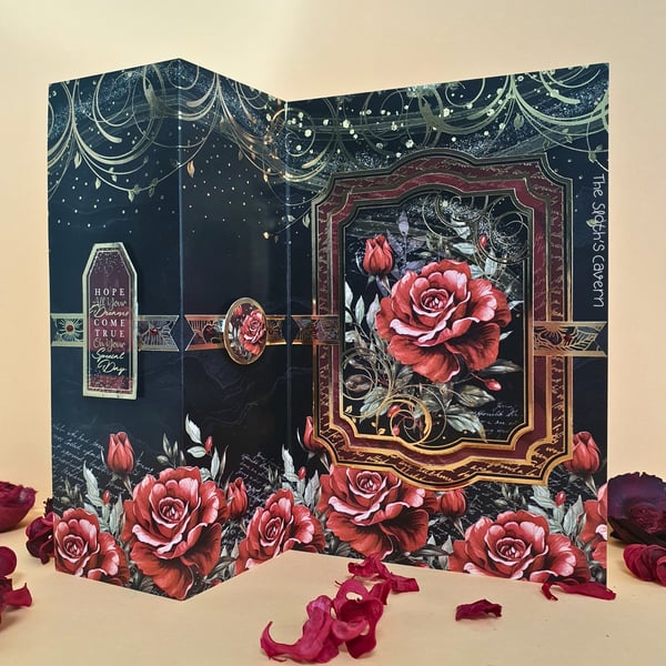 Floral Birthday Card For Her In Black With Red Roses & Gold Foiling 
