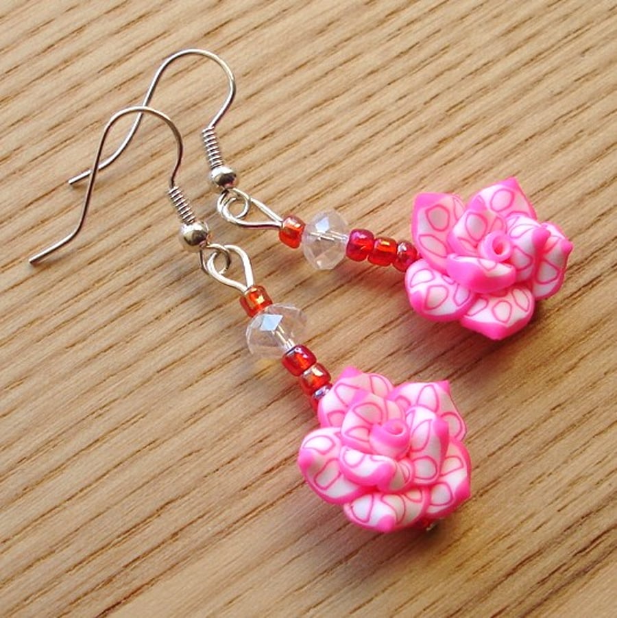 Bright Pink Rose FIMO Polymer Clay Earrings Jewellery