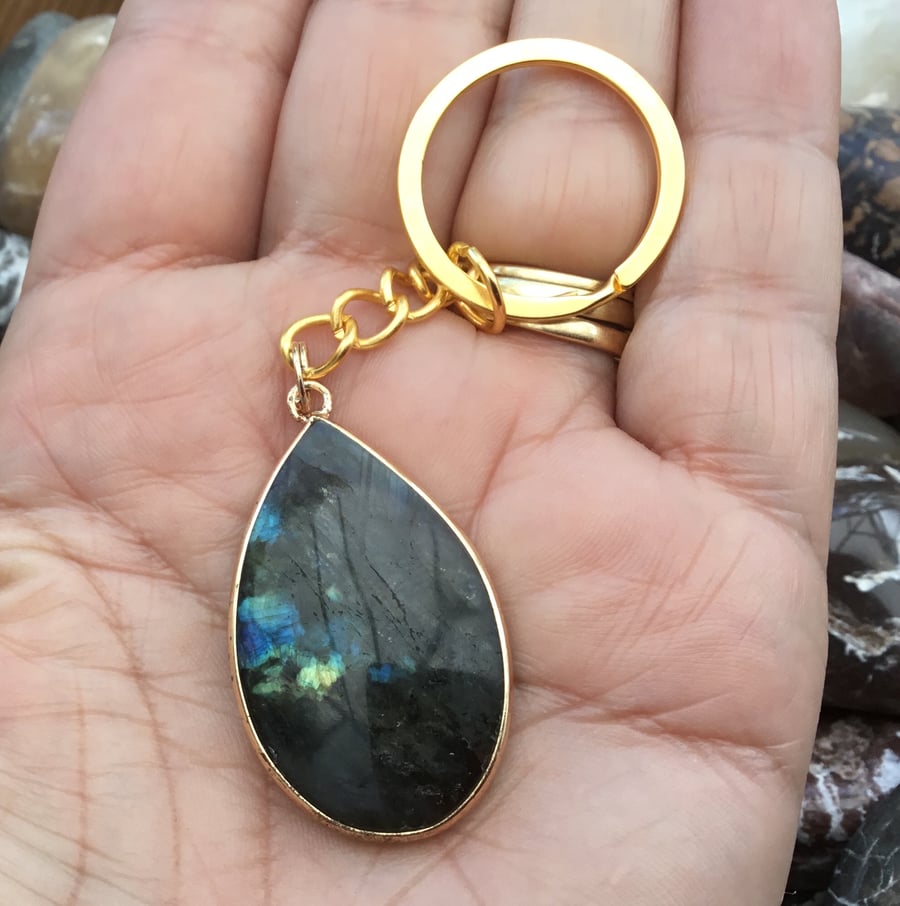 Blue Fire!  Lovely Labradorite Tear Drop Gemstone Keyring or Handbag Charm.