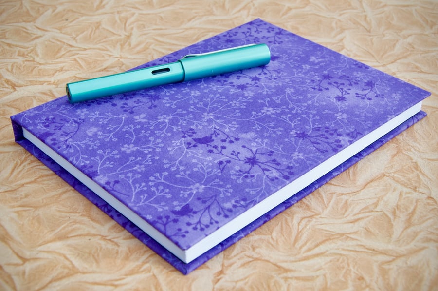 A5 Lined Notebook with full cloth purple flower cover