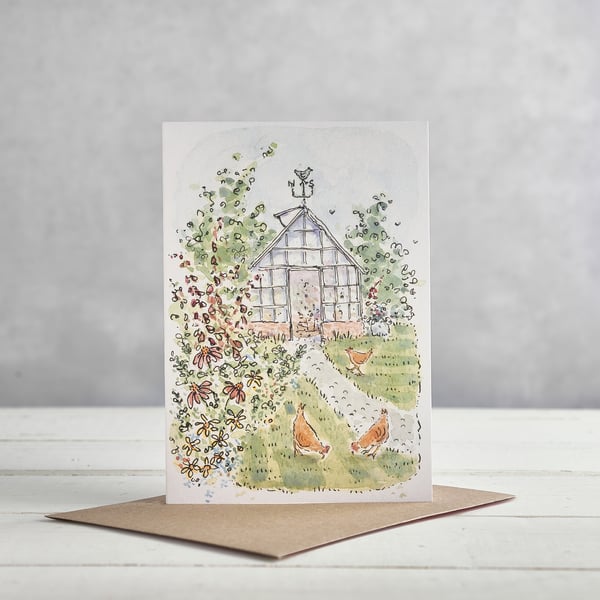 Greenhouse and Chickens Greetings Card