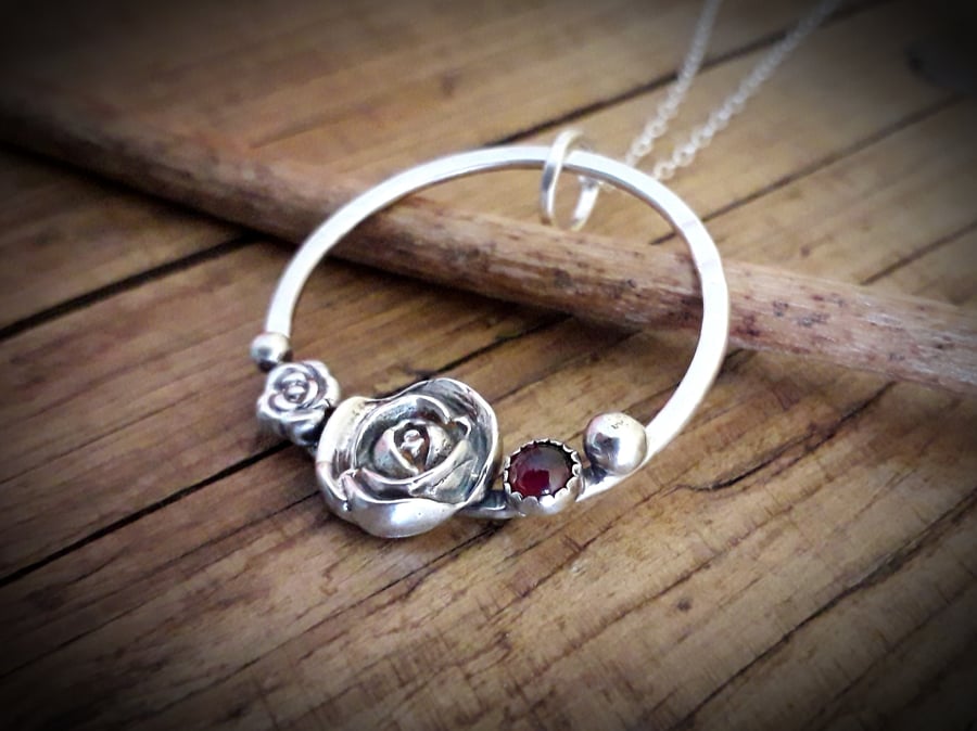 Rose Wreath, Garnet Silver Necklace, eco conscious gift