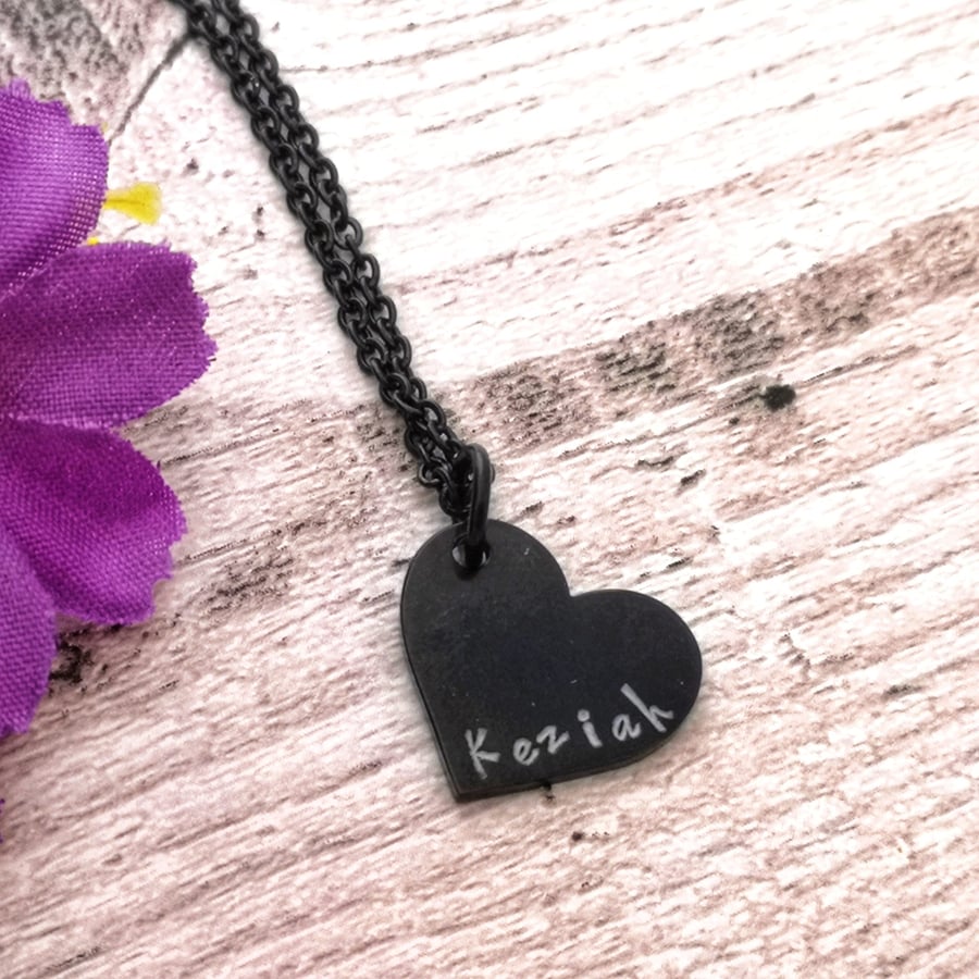 Black Heart Necklace - Personalised - Name Necklace - Small Heart - Goth - Emo
