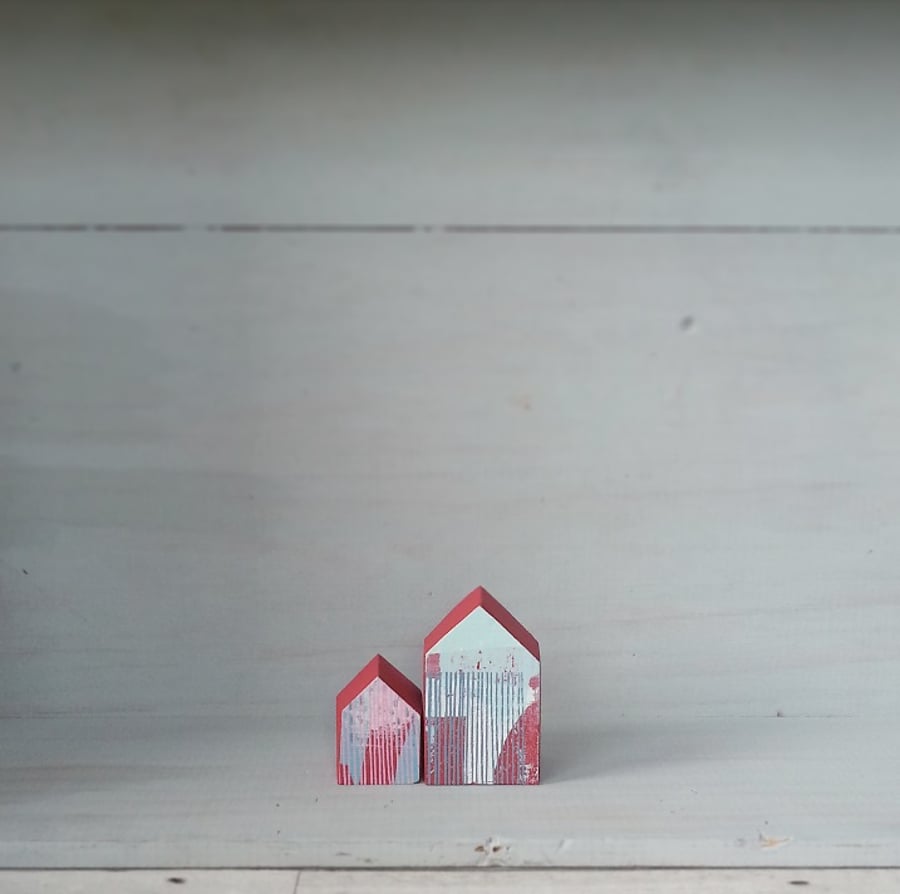 Miniature Wooden Houses, Set of 2 House Ornaments, Red House, Housewarming Gift