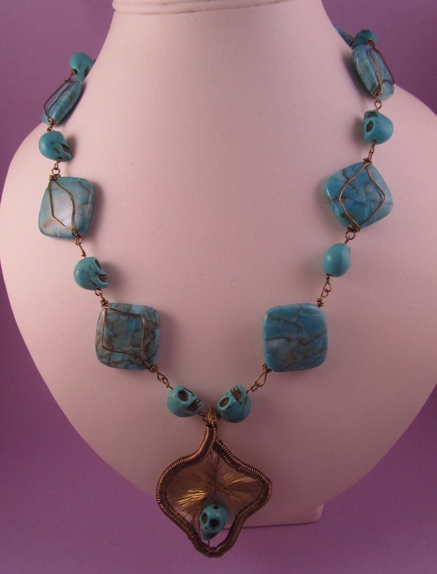 Statement Gothic Turquoise Blue Dyed Howlite Skull and Bronze Wire Work Necklace